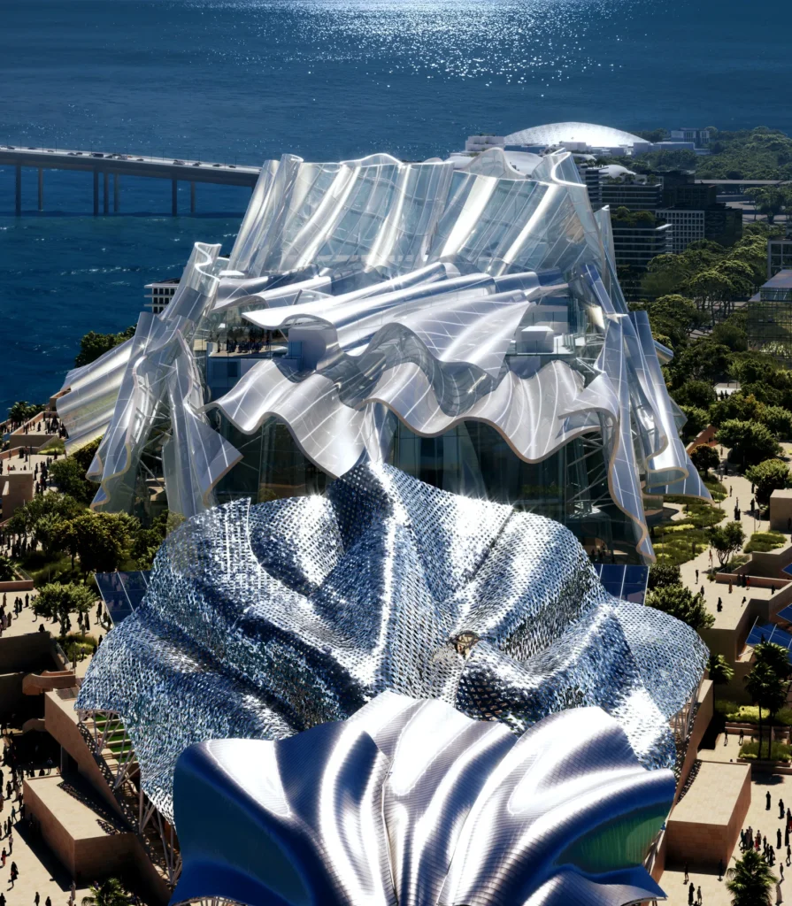 Aerial view of Dar al Funoon Abu Dhabi, the Frank Gehry-designed performing arts complex on Saadiyat Island